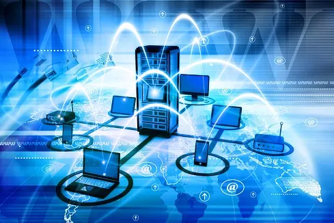 Illustration of servers, laptops and network devices connected globally