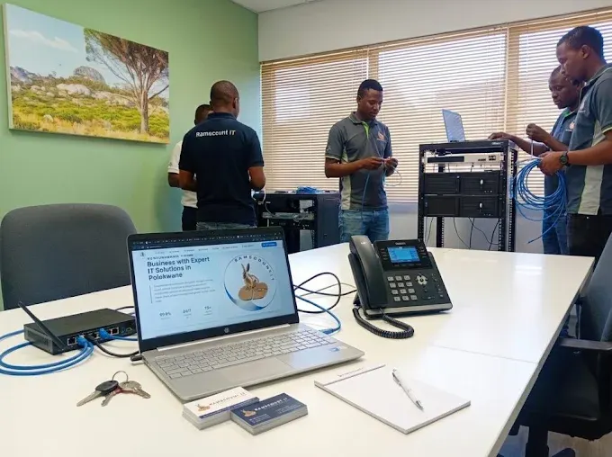 Ramscount team preparing networking equipment in the Polokwane office